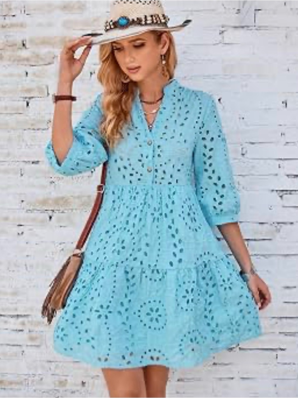 Lightweight Eyelet Tunic Top in Aqua Blue